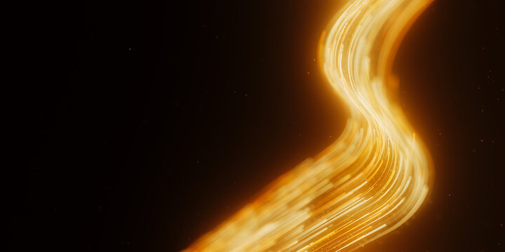 Golden curved data trail turning in abstract cyberspace. 3D quantum light flow with magic glow.