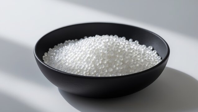 Transparent plastic raw material granules on a black cup, isolated on a white background. Polycarbonate polymer.