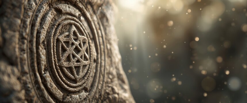 Ancient Stone Tablet with Intricate Symbol Carved in Soft Light