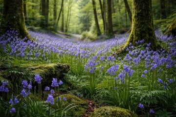 Obraz premium Purple Bluebells Blooming in a Lush Forest Pathway on a Sunny Day