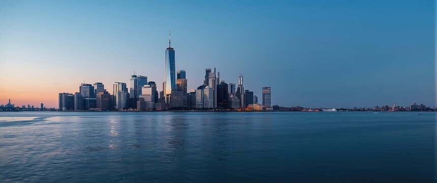 Panoramic View of New York City Skyline at Dusk with Calm Water Reflection