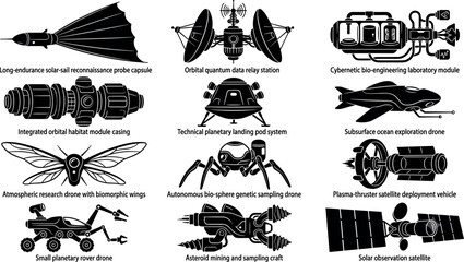 Detailed icons of futuristic space and planetary research exploration drones set design. © Tanzilur