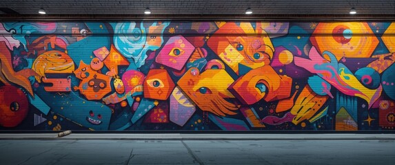 Fototapeta premium Colorful Graffiti Mural with Abstract Shapes - Urban Setting, Nighttime, Vibrant Palette