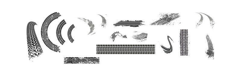 Black Tire Skid Marks Collection Grunge Tire Track Rubber Burn Drift Trail Vector Set vector illustration © Khadim