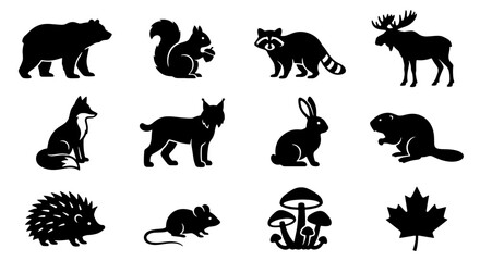 Obraz premium 70 North American Wildlife Silhouette Icons Set, Forest Animals Vector Collection, Woodland Creatures Graphics, Nature Elements, Black and White 100