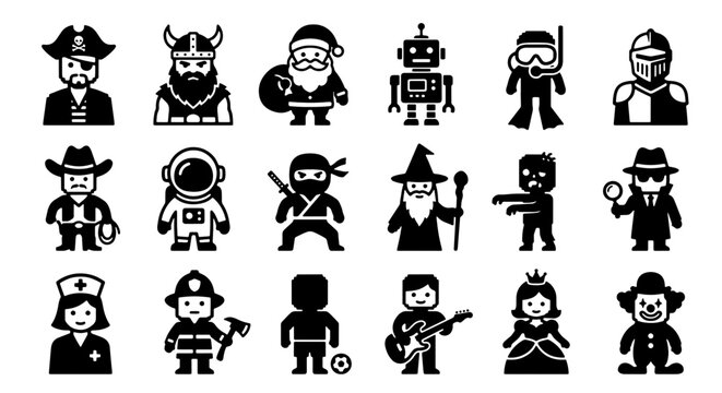 70 Diverse Character Icons Set, Vector Graphics Collection: Pirates, Vikings, Santa, Robots, Astronauts, Ninjas, Wizards, Zombies, Detectives, Nurses, Firefighters, Princesses, Clowns, Cowboys