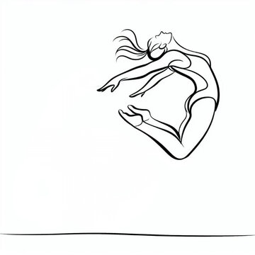 Artistic gymnastics woman continuous line art illustration. Minimalist elegant gymnast girl silhouette, fitness and flexibility sport outline vector, in split jump,beautifully arching its back