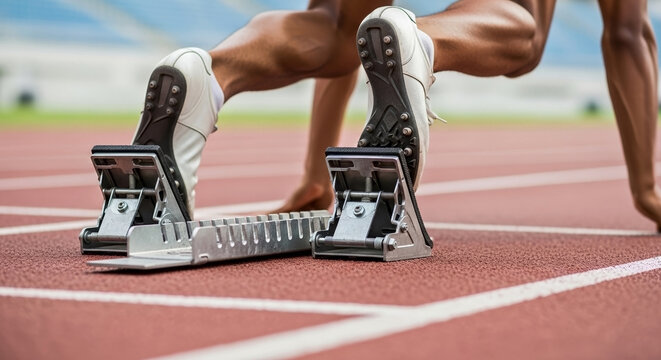 Female sprinter starting race on professional athletics track, athlete positioning feet in starting blocks with intense focus and determination 