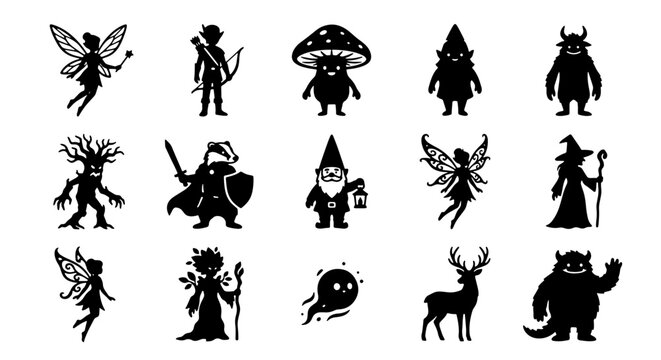 70 Whimsical Fantasy Creatures Vector Icons Set: Fairies, Gnomes, Monsters, Woodland Spirits, and Mythical Beings for Enchanted Designs 100