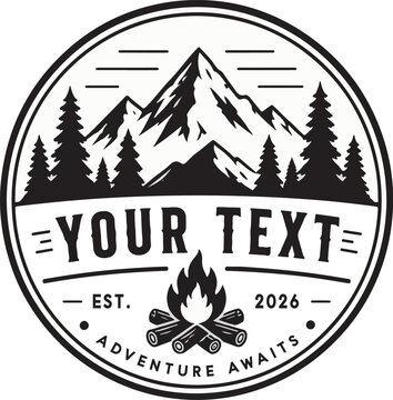 ​Vintage adventure camping badge logo template with majestic mountain peaks, pine trees, and campfire campfire vector illustration with text placeholder