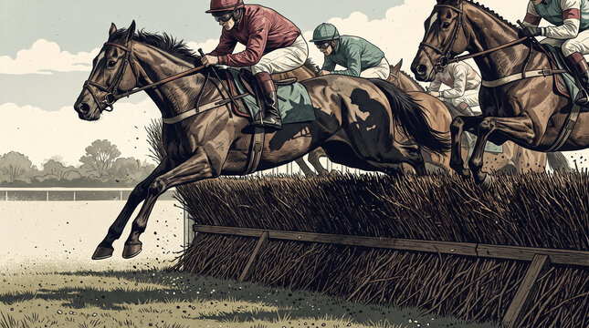 Dynamic vintage style raster illustration of a competitive steeplechase horse race showing jockeys riding powerful brown horses jumping over a high brush fence on a grassy track