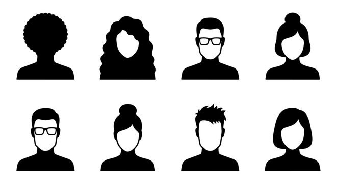 70 Diverse Silhouette Avatars, User Profile Icons, Anonymous Person Graphics, Set of 8 Black and White Vector Headshots for Web and App Design 100