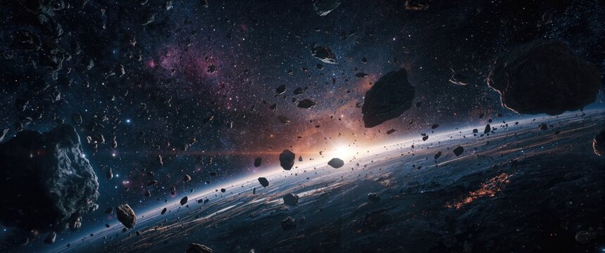 Asteroid Field in Deep Space with Glowing Star - Cosmic Scene, High Detail, Dark and Mystical