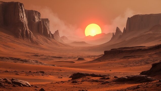The Terrain of Mars, featuring its breathtaking desert and rocky landscape. The sun briefly emerges above the horizon. Unfamiliar surroundings that are strange.
