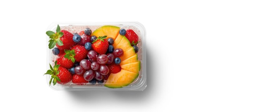 Fresh fruit mix of strawberries, blueberries, grapes, and melon slices arranged in clear plastic packaging on white