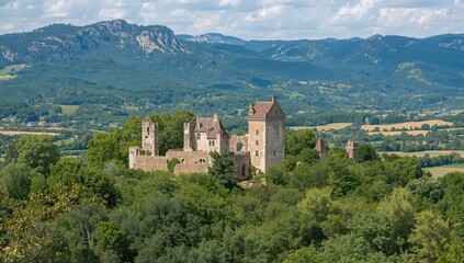 Fototapeta premium Castle Ruins Surrounded by Lush Greenery with Mountains in the Background