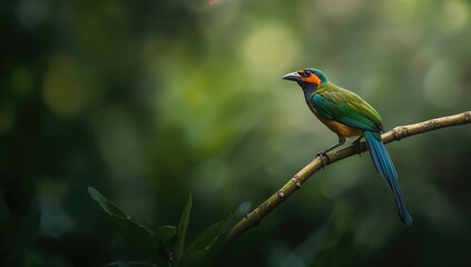 Fototapeta premium Colorful Bird Perched on a Branch Against a Soft Green Background
