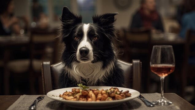 Border Collie Sitting at Dinner Table - Elegant Restaurant Setting, Warm Atmosphere