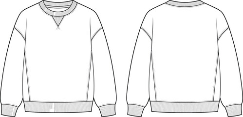 Technical fashion flat sketch of a classic long-sleeve crewneck sweatshirt with ribbed V-insert © MdBabul