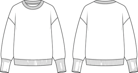 Technical fashion flat sketch of a long-sleeve crewneck sweatshirt with ribbed cuffs and hem © MdBabul
