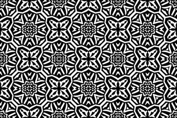 Fototapeta premium Geometric Black and White Pattern with Floral Motifs and Symmetrical Design