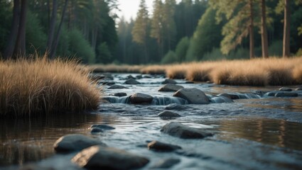 Fototapeta premium Calm forest stream flowing over rocks amid autumn foliage in a peaceful woodland environment.