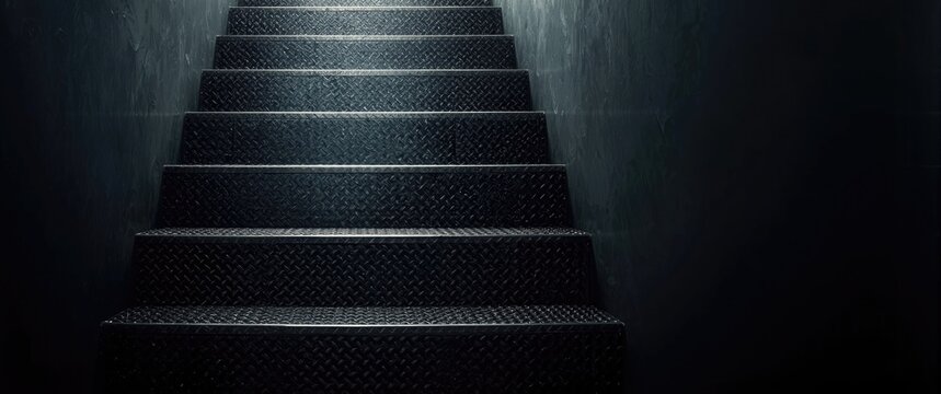 Metal Staircase Leading Upward into Dark Space with Subdued Lighting