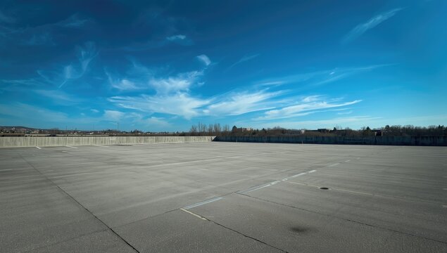 Concrete parking lot with delineated spaces left empty against a vibrant blue sky and textured gray backdrop