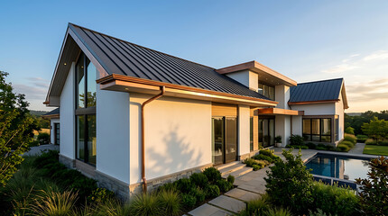 Fototapeta premium Modern contemporary residential home with sleek design and landscaped surroundings in a luxurious neighborhood at sunset
