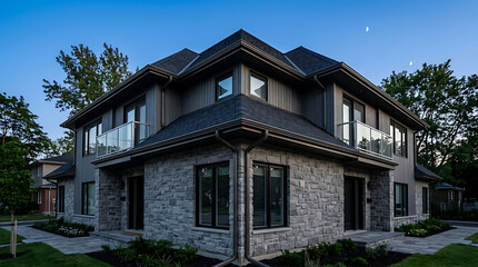 Fototapeta premium Modern two-story residential home featuring contemporary architecture with stone facade and large windows during twilight hours