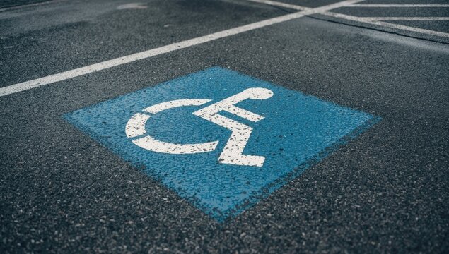 Empty handicap parking space with blue markings on asphalt