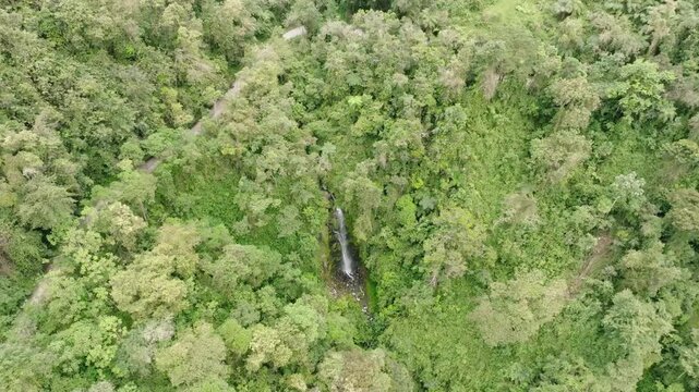 spectacular waterfall in the middle of the exuberant natural forest with an aerial view from a drone