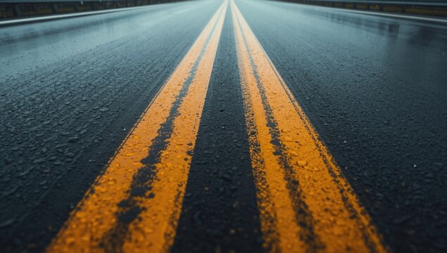 Rainy Road View with Yellow Stripes Under Soft Light