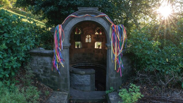 Abandoned Stone Well Surrounded by Lush Greenery with Colorful Ribbons in Evening Light