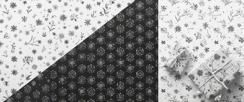 Floral Pattern Wrapping Paper with Gift Boxes in Black and White Design