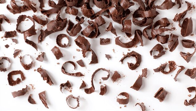 Chocolate Shavings Scattered on a White Surface in a Gourmet Presentation