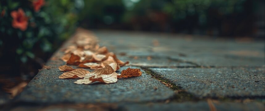 Fallen Leaves on a Stone Pathway with Lush Green Background