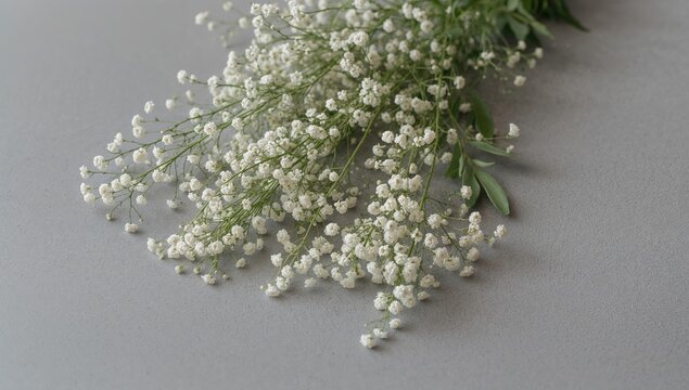 Delicate Baby's Breath Flowers Laid on Soft Gray Surface