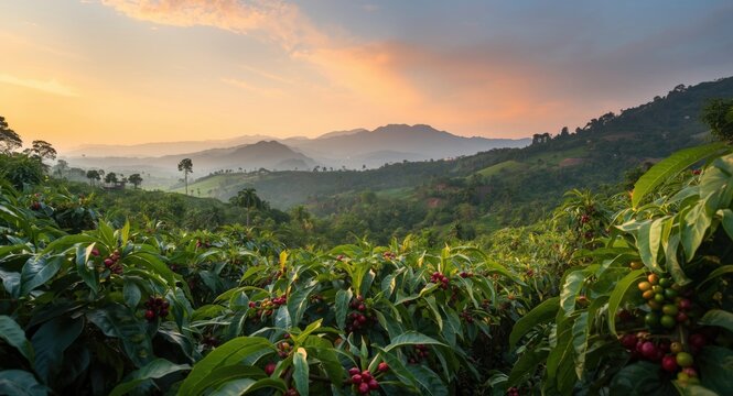 Coffee Plantation at Sunrise - Lush Hillside, Vibrant Colors, Panoramic View