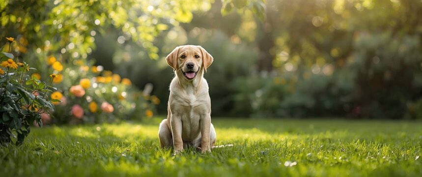 Smiling Labrador Dog Sitting on Green Grass in a Sunny Garden