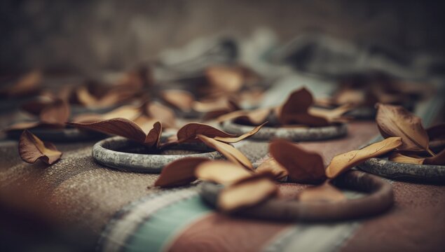 Fallen Leaves on a Textured Surface with Circular Objects in Soft Focus