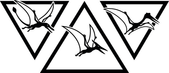 Three flying pterodactyl silhouettes positioned inside simple geometric triangle outlines. © Tanzilur