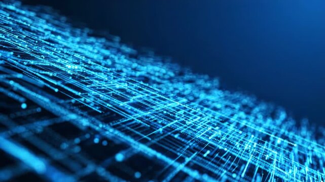 Futuristic digital background with glowing blue light streaks and data lines moving in a highspeed technological environment
