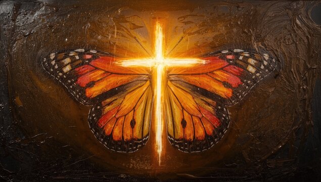 Monarch Butterfly with Cross - Textured Art, Warm Glow, Symbolic Theme