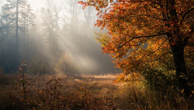 Autumn Sunlight Streaming Through Misty Forest with Colorful Foliage