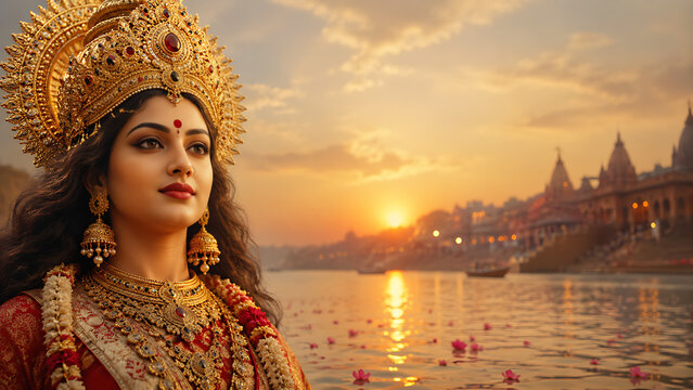 Colorful Garba and Dandiya Night with Maa Durga, Navratri Festival, Adi Shakti Worship, Indian Cultural Celebration