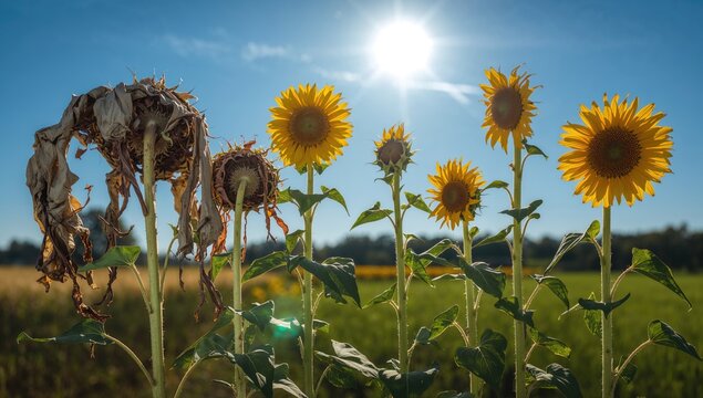Sunflowers in Field Under Bright Sunlight - Close-Up View, Vibrant Colors, Summer Mood