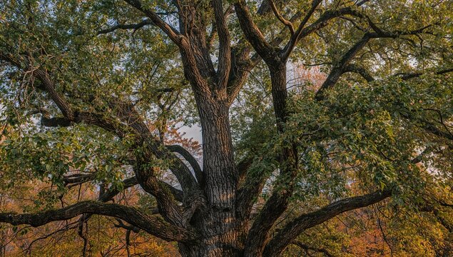 Majestic Oak Tree in Autumn Foliage with Textured Bark and Branches