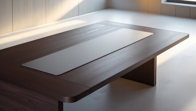 Wood table in contemporary office setting with blank space on the table for product display mockup. Workspace desk interior and area for corporate business.
