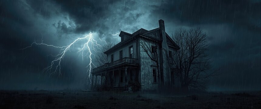 Abandoned House Under Thunderstorm at Night with Lightning Strikes